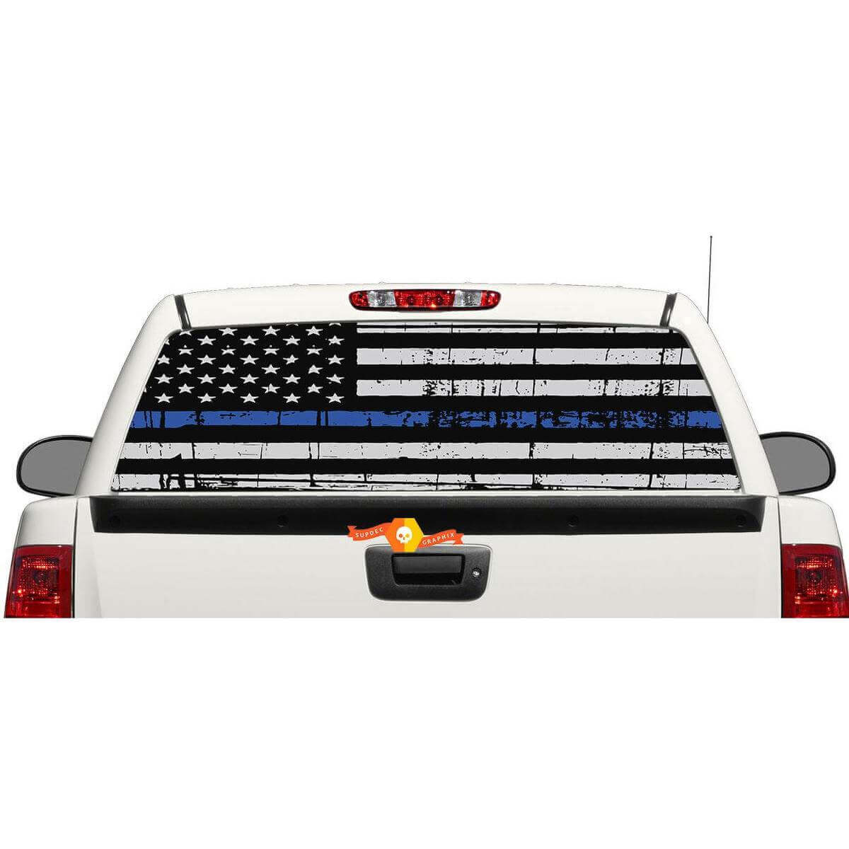 Calcomanía de vinilo para ventana trasera o portón trasero con bandera de EE. UU. y línea azul para camionetas y SUV
