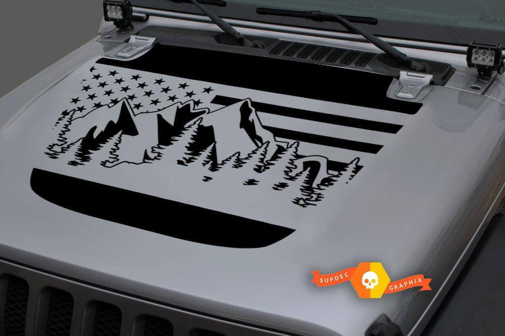 Calcomanía de vinilo para capó con bandera de EE. UU. y montañas para Jeep Wrangler y Gladiator