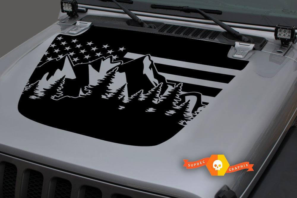 Vinilo adhesivo para capó estilo montañas con bandera de EE.UU. para Jeep Gladiator y Wrangler JL JLU JT