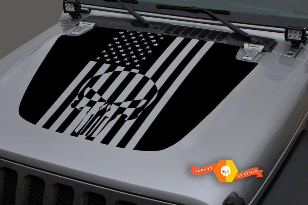 Calcomanía de vinilo con capó de bandera de EE. UU. y calavera de Punisher para Jeep Wrangler y Gladiator