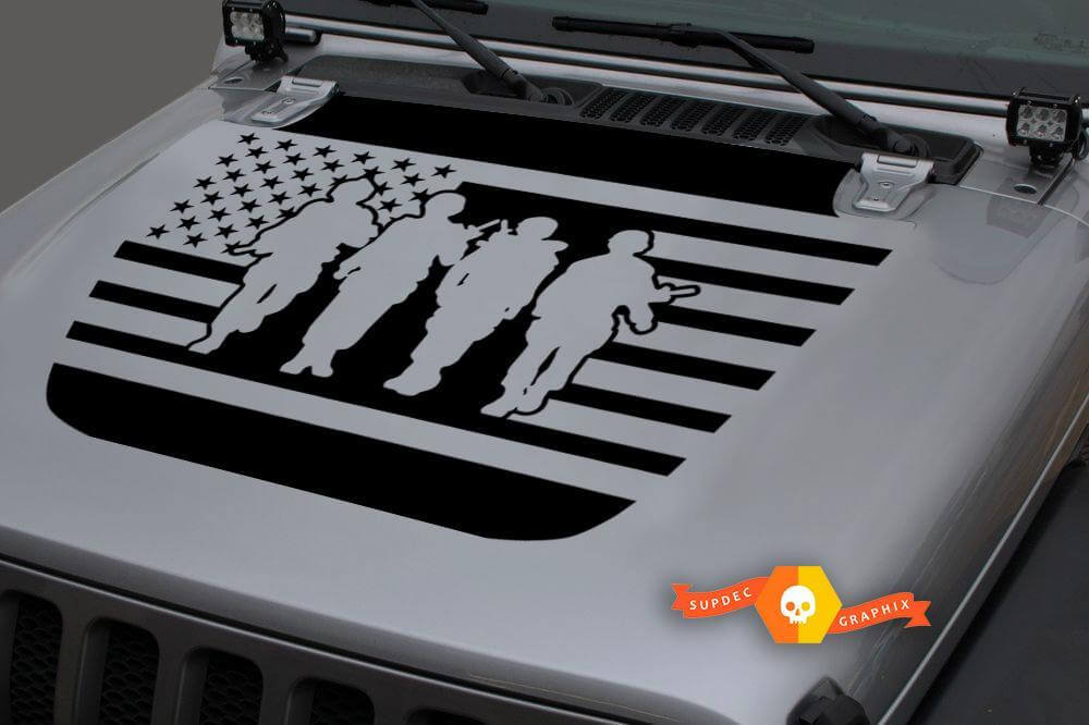Calcomanía de vinilo para capó con bandera de EE. UU. y cuatro soldados para Jeep Wrangler JL JLU y Gladiator JT