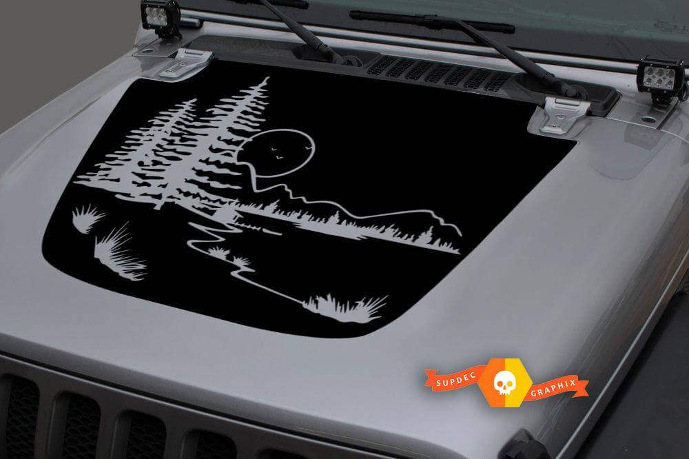 Calcomanía de vinilo con capó de luna y montañas del bosque para Jeep Wrangler y Gladiator