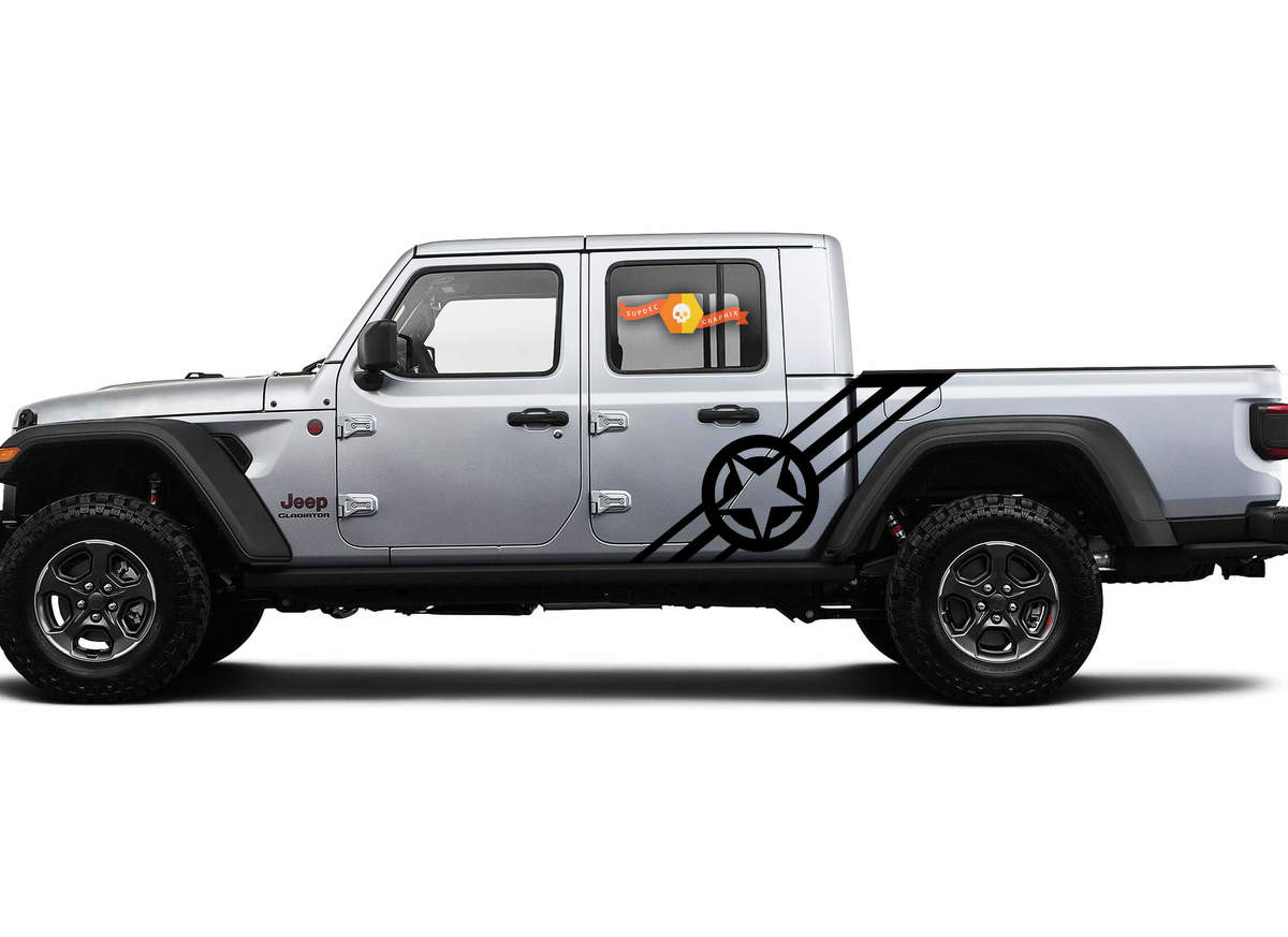 2 lados Jeep Gladiator Puerta lateral Rayas Armada Ejército EE. UU. Pegatinas de estrellas Calcomanías Gráficos de vinilo Kit de rayas para 2020-2021 para ambos lados
