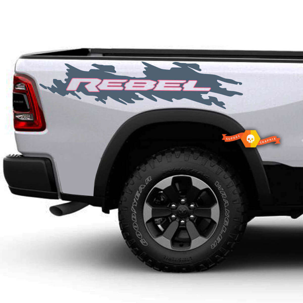 Juego de vinilos decorativos estilo salpicadura Rebel para los laterales de la caja de camión Dodge Ram