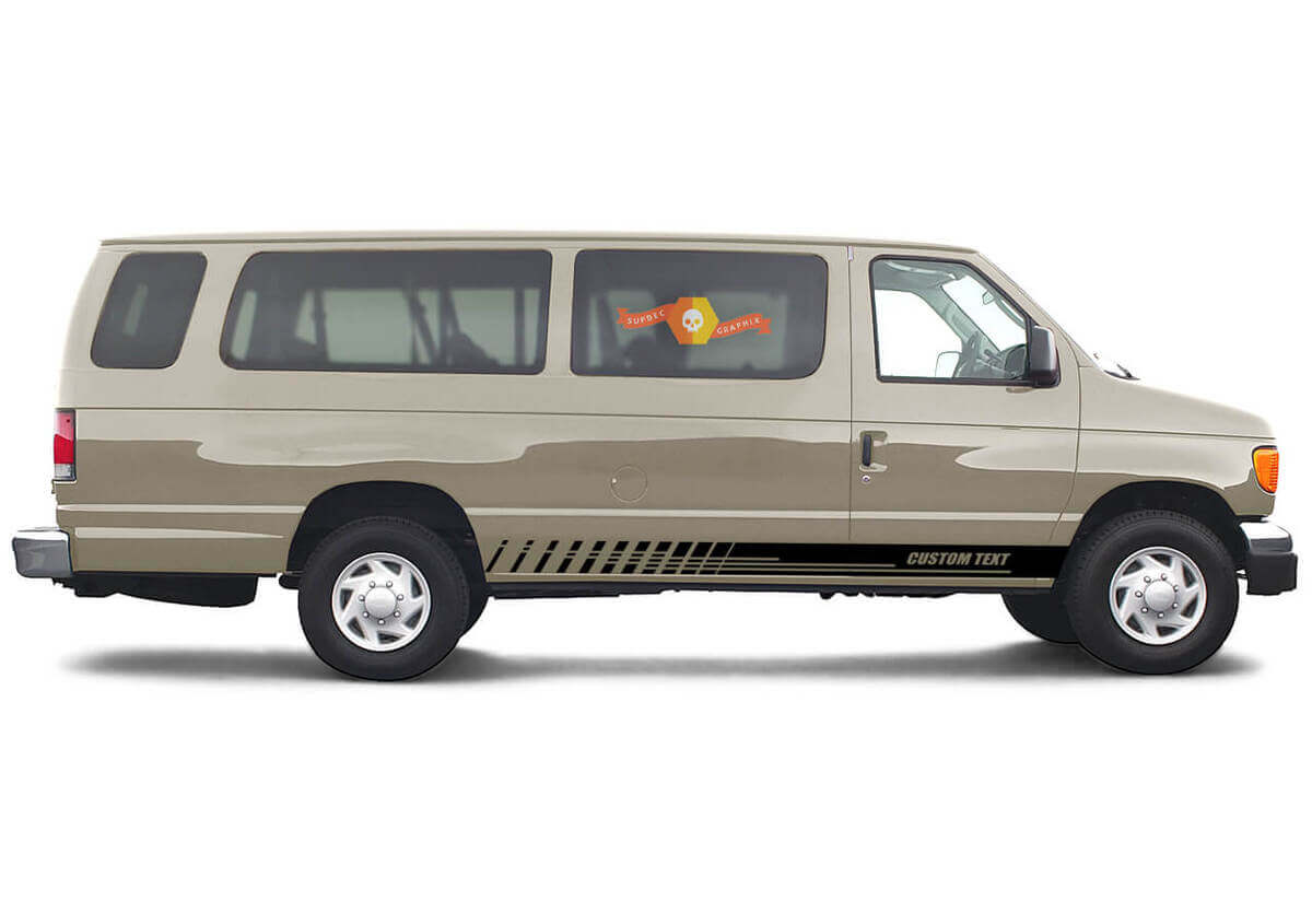 2x lado Ford E-Series chasis vinilo rayas cuerpo calcomanía vinilo gráficos pegatina texto personalizado estilo 1
