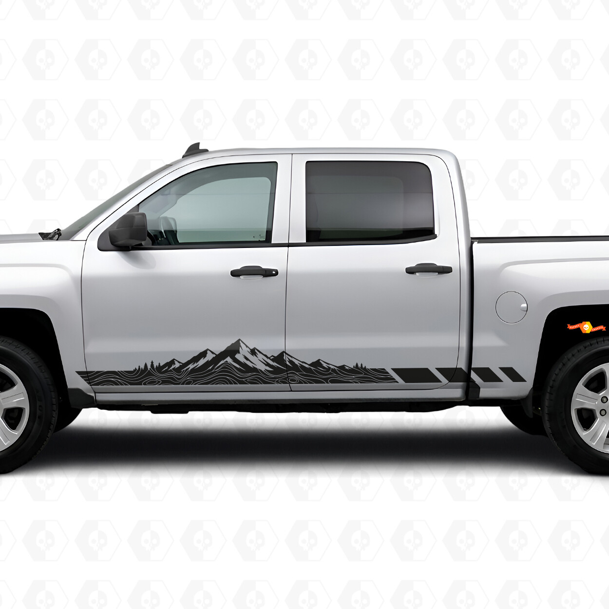 Franjas de vinilo de puerta y panel lateral con diseño de montaña topográfica para Chevrolet Silverado 1500 K2XX 2014-2019