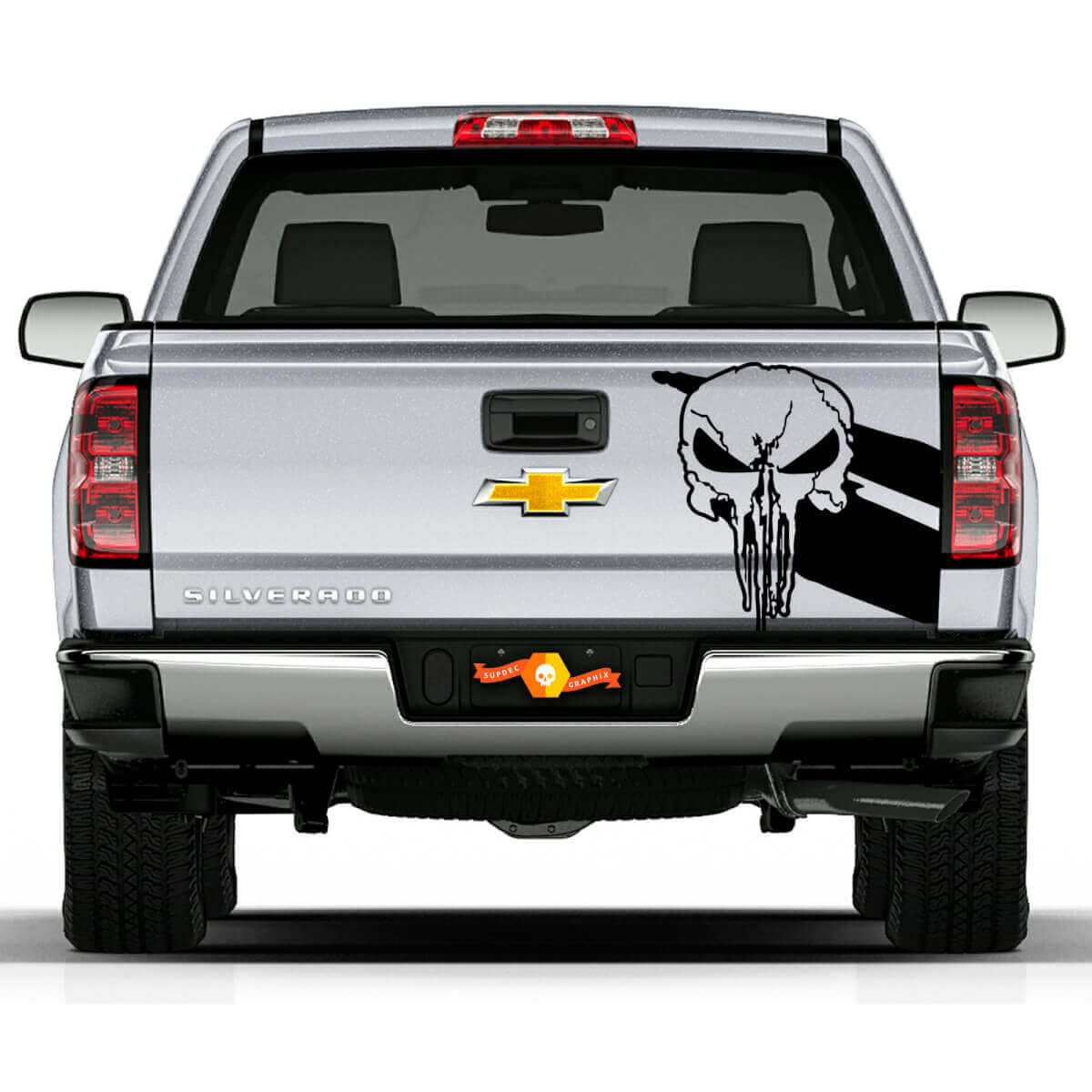 Calcomanía de Vinilo para Portón Trasero con Rayas Gemelas y Calavera del Castigador para Camionetas Chevy, Dodge, Toyota, Jeep
