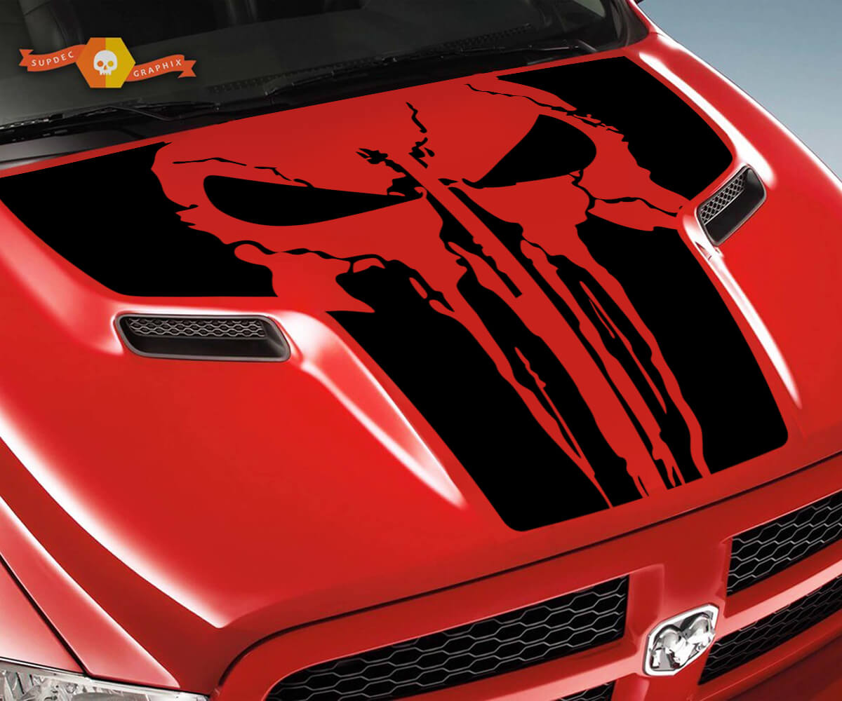 Dodge 2010 2018 se adapta a Ram 1500 2500 Large Punisher Skull Grunge Hood Logo Truck Vinilo Pegatina Calcomanía Gráfica Pick Up Pickup
