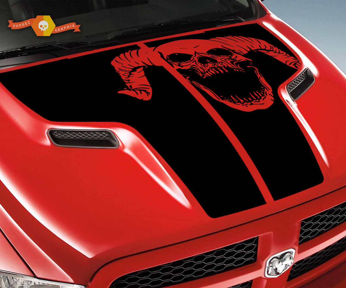 Calcomanía adhesiva de vinilo con franjas de capó estilo grunge de calavera Ram para Dodge Ram 1500 2500