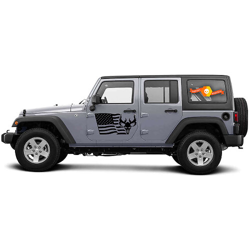 Pegatina lateral de vinilo con calavera de ciervo y bandera de EE. UU. para Jeep Wrangler CJ TJ JK JKU JL JLU