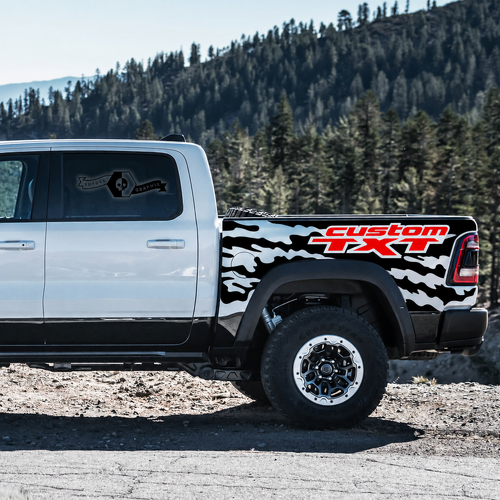 custom TXT Two Color Splatter Pair Lateral de caja Adhesivo de vinilo para RAM 1500 Rebel, TRX 2021-2026
