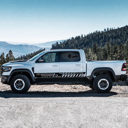 custom TXT Slotted Door Stripe Pair Puerta Adhesivo de vinilo para RAM 1500 Rebel, TRX 2021-2026