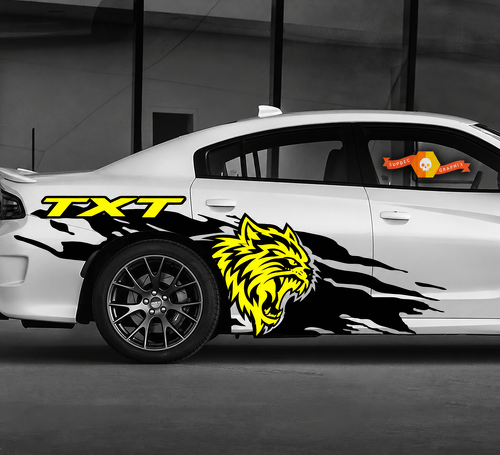 Juego de 2 calcomanías de vinilo para guardabarros trasero lateral TXT Custom Cat Head Yellow Splash para Dodge Challenger 2009-2019