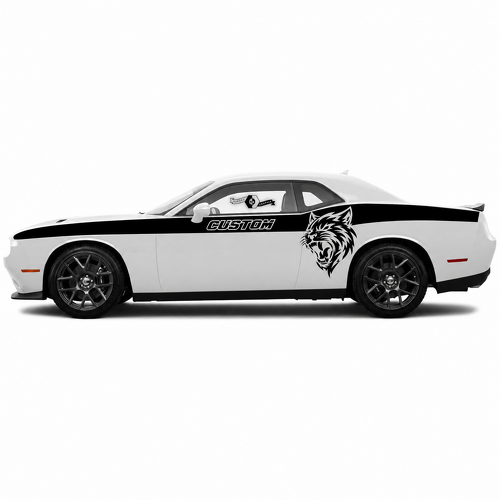 Par de franjas de vinilo con cabeza de felino personalizada para puertas, laterales y guardabarros de Dodge Challenger SRT, Hellcat