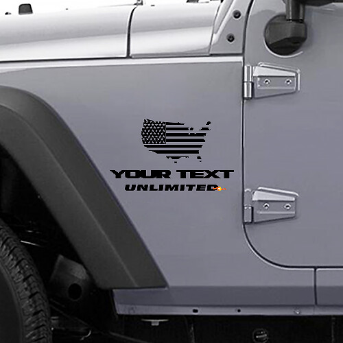 Pegatina de vinilo lateral con bandera de EE. UU. y texto personalizado para Jeep Wrangler