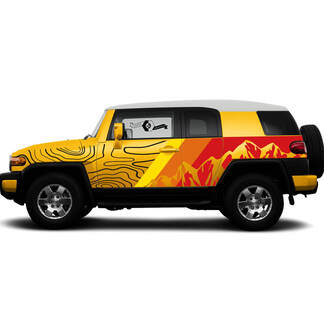 Par Toyota FJ Cruiser Side Doors Vintage Sunset Colors Style Cut Big Mountains Contour Map Stripe Decal Truck Wrap
