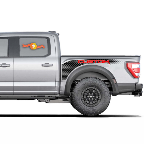 Vinilos gráficos personalizados en vinilo de malla blanca para los laterales de la cama para Ford F-150 Raptor 2022