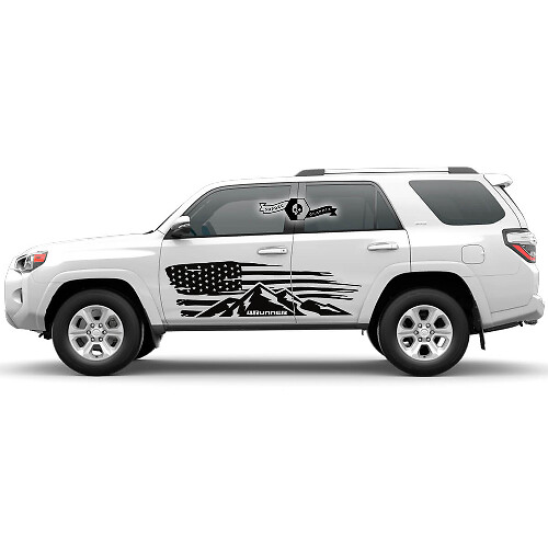 Pegatina de vinilo con diseño de bandera de EE. UU. envejecida y montañas para la puerta lateral de Toyota 4Runner
