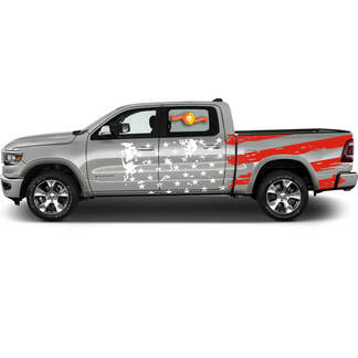 Par Dodge Ram Rebel Bandera desgastada EE. UU. 2021+ Dos colores Puerta Cama raya lateral Grunge Camión Vinilo Calcomanía Gráfico
