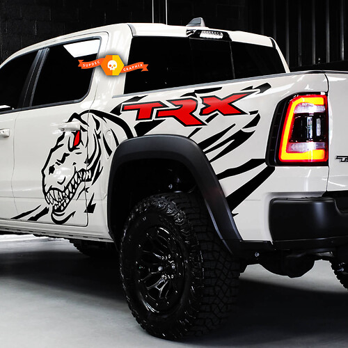 Par de dodge ram rebel trx 2022+ 2 colores lado 1500 trx cama de salpicaduras dinosaurios T-rex trx gráfico de calcomanías de vinilo