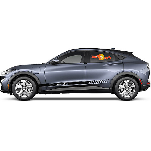 Calcomanías de vinilo para rayas del logo Ford Mustang MACH-E en las puertas laterales.
