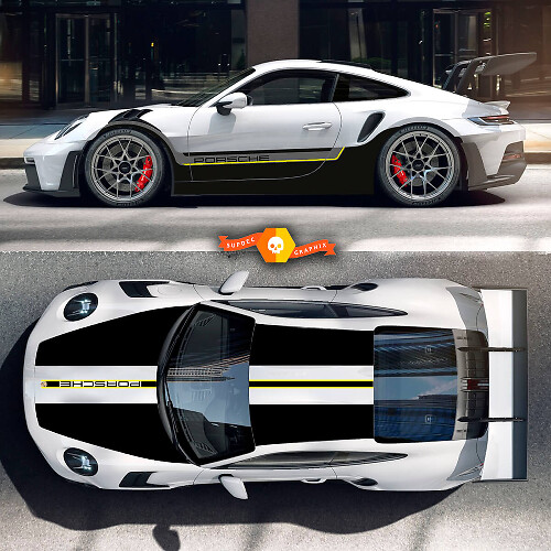 Kit de pegatinas Porsche 991 gt3 de 2 colores para capó, techo, alerón trasero y rayas.
