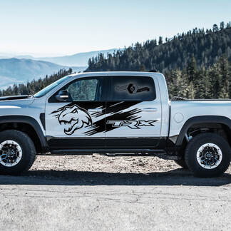 2x Dodge Ram Rebel 2022+ 1500 TRX Bed Splash Mud Dinosaurs T-Rex TRX Puertas laterales Camión Calcomanía de vinilo Gráfico

