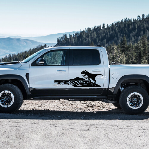 Calcomanía de vinilo personalizada de texto lateral T-Rex Mountains para RAM 1500 Rebel, TRX 2019-2026