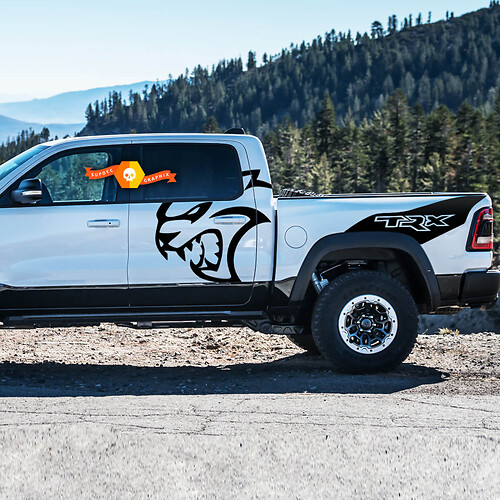 Par Dodge Ram TRX Hellcat 2021+ Splash Ram Head Doors Bed Logo Truck Vinilo Pegatina Calcomanía gráfico de cama
