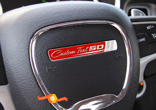50th Anniversary Red Silver Script Custom Text Domed Insert — Adhesivo de vinilo (volante) para Dodge Challenger