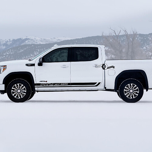 Par de tiras para paneles de estribos en puertas GMC GM Sierra 1500 AT4 Off-Road lado de la caja Decalques Pegatinas 2