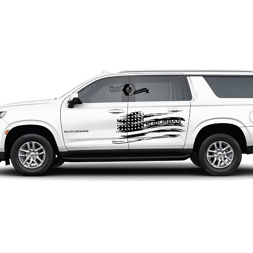 Par de pegatinas de vinilo para puertas con bandera de EE. UU. destruidas en el lado de Chevrolet Suburban
