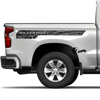 Par Chevrolet Silverado 2022+ 2023 Mapa topográfico Logotipo de la cama lateral Pegatina de vinilo a rayas
