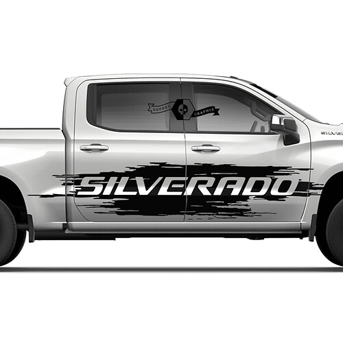 Par Chevrolet Silverado 2022+ 2023 Puertas laterales Splash Wrap Logotipo destruido Etiqueta de vinilo a rayas
