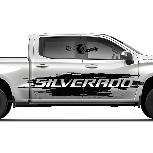 Par de calcomanías de vinilo para salpicaduras en las puertas laterales del Chevrolet Silverado 2022+ 2023 con franja de logotipo destruido.
