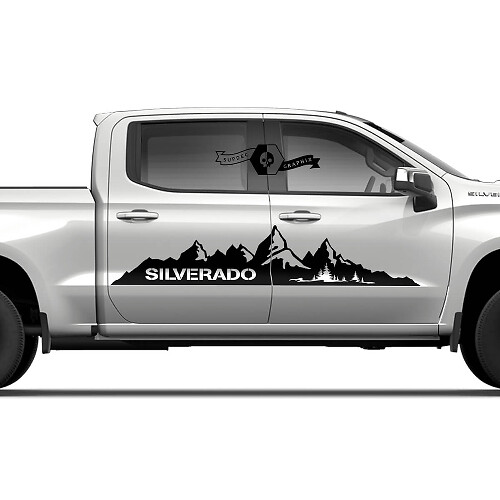 Par de calcomanías de vinilo con logotipo de montañas para salpicaduras de puertas laterales Chevrolet Silverado 2022+ 2023.
