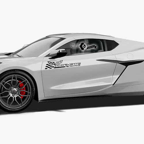 2x Calcomanía de vinilo de la bandera de cuadros del logotipo de las puertas laterales del Chevrolet Corvette Racing Z06
