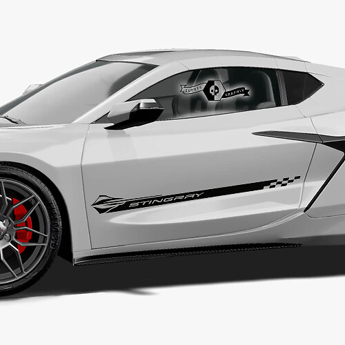 2x Calcomanía de vinilo de bandera de tablero de ajedrez de rayas de puertas laterales de Chevrolet Corvette Z06
