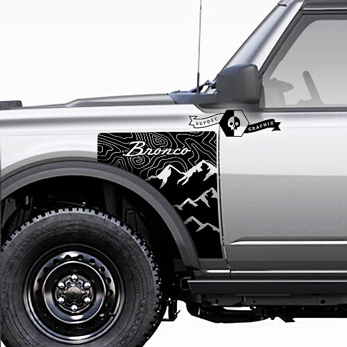 Par Ford Bronco Vintage Logo Topográfico Mapa Everglades Estilo Panel lateral Vinilo Calcomanía Pegatina Gráficos Kit
