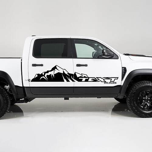 Gran adhesivo de vinilo lateral con montaña enorme y texto personalizado para Dodge Ram 1500