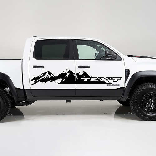 Calcomanía de vinilo lateral con cadena montañosa y texto personalizado para Dodge Ram 1500_1