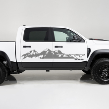 Calcomanía de vinilo lateral con cadena montañosa y texto personalizado para Dodge Ram 1500_2