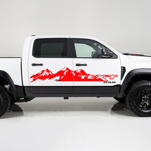 Calcomanía de vinilo lateral con cadena montañosa y texto personalizado para Dodge Ram 1500_3