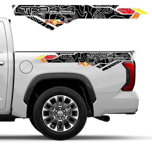 Calcomanías de vinilo para la parte lateral de la cama con colores vintage y mapa topográfico TRD 4x4 Off Road, adecuadas para Toyota Tundra de tercera generación XK70 2021 en adelante.

