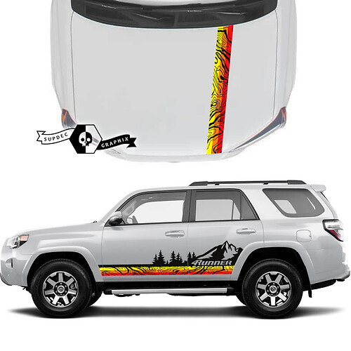 Calcomanías de franjas de vinilo Old School Sunset para la puerta lateral y capó del 4Runner 2023 con mapa topográfico de montañas y bosque para Toyota 4Runner TRD

