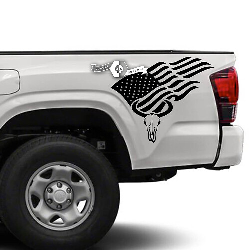 Pegatina de vinilo de bandera de EE.UU. y cráneo de toro para la mesita de noche para Toyota Tacoma