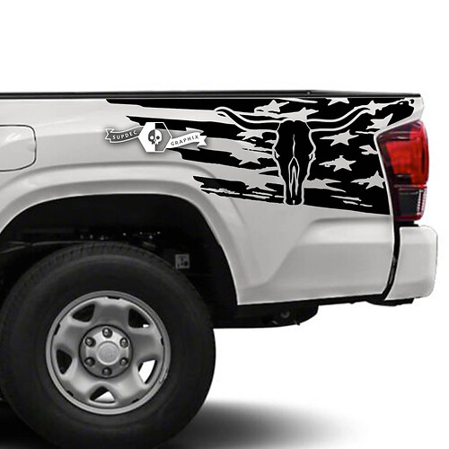 Pegatina de vinilo lateral con calavera de toro y bandera de EE. UU. para Toyota Tacoma