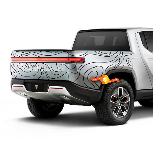 Calcomanía de vinilo con rayas de mapa topográfico para el lateral trasero del Rivian R1T