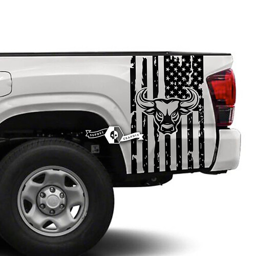 Adhesivo de vinilo con calavera de toro y bandera de EE. UU. destrozada para la mesita de noche Toyota Tacoma