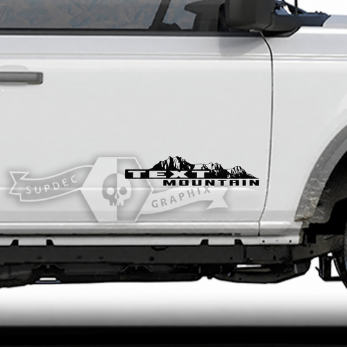 Vinilos personalizados para panel lateral con texto de puertas y montañas para musclecar horse